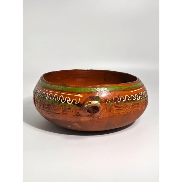 Handcrafted Vintage Folk Art Mexican Clay Pottery Bowl With Green White Accents - Picture 5 of 12